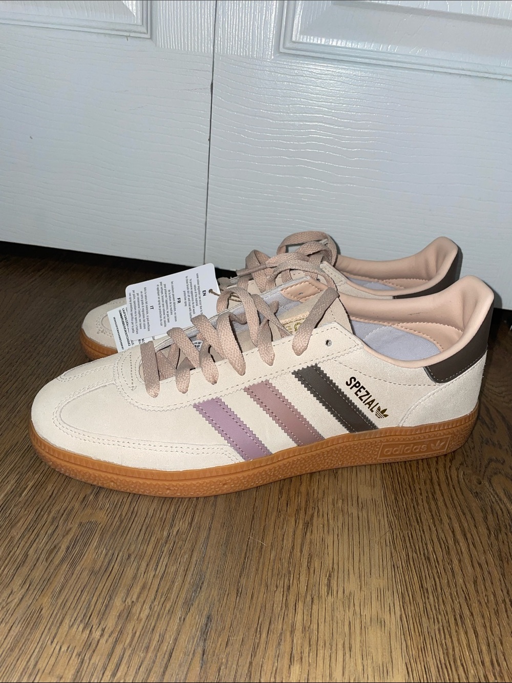 NWT adidas originals handball spezial size 9.5 women. Pink w/ multicolor stripes
